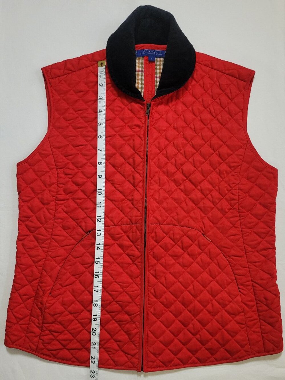J McLaughlin Red Diamond Quilted Vest Corduroy Collar Plaid Lining Small Preppy - Picture 9 of 10